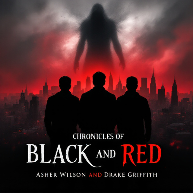 A shadowy figure of a city skyline forms the background, whispering of hidden threats. At the forefront, three male silhouettes stand side by side, their backs turned to the viewer. The tallest centrally, flanked by the shortest on the left and average on the right. Above, a mysterious misty figure in the sky hints at an ethereal presence. The color scheme shifts from deep blacks and reds to convey a sense of urgency and danger.