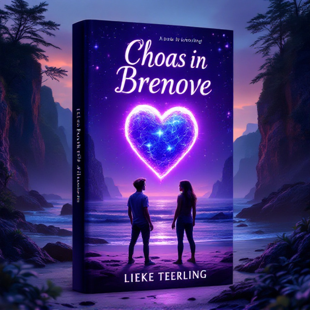 A vivid, mystical island scene with jagged cliffs and dense foliage surrounding a sandy beach. In the foreground, two teenagers are depicted in dynamic action poses, lit dramatically by the light emanating from the glowing Stone Heart of Merripen. The stone, suspended in mid-air, is radiating an enchanting purple-blue light that casts an ethereal glow on the two teens. The background features a twilight sky with a blend of purples and blues to give the atmosphere a magical, otherworldly feel.