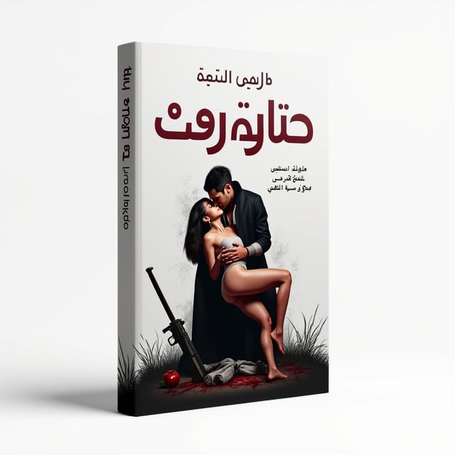 The cover features a white background to represent purity and contrast. In the foreground, there is a dramatic scene of an injured woman cradled in the arms of a man, evoking emotions of love and protection. The woman's wounds are apparent with subtle hints of blood, adding a layer of tension and drama. The man, depicted as a warrior, wears a sleek black coat over a white shirt, symbolizing strength and duality. On the ground beside them, a gun and a sword are strategically placed, hinting at past conflict and warrior prowess. In the backdrop, a looming dark shadow stretches over the couple, symbolizing lurking danger and fear, while a sparse patch of greenery hints at hope and life amidst chaos.