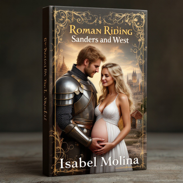 The cover features a central image of a sandy-haired knight and a blonde-haired lady standing closely together, conveying emotions of happiness and protection. The knight is dressed in military-grade attire, exuding strength, while the lady wears a delicate white halter dress, her hand resting gently on her stomach. To the left, there's a quaint cottage, and to the right, a sprawling kingdom, symbolizing their past and future. Swirls of gold and mercury grey flow elegantly across the cover, adding a magical and fantasy touch.