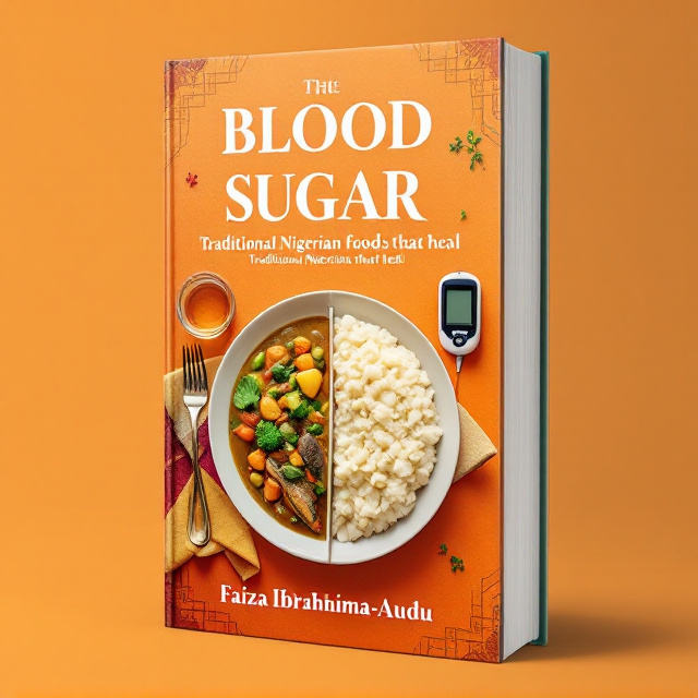 The cover features a vibrant and inviting image of a divided plate with okro soup taking up half, fufu in one quarter, and fish occupying the remaining quarter. A glucose monitor is placed next to the plate, symbolizing control and management. A bowl of water sits nearby, completing the meal setting. This centerpiece is set against a warm orange background, suggesting warmth and hope. Subtle textures reminiscent of traditional Nigerian cloth patterns are integrated into the background to evoke cultural richness.