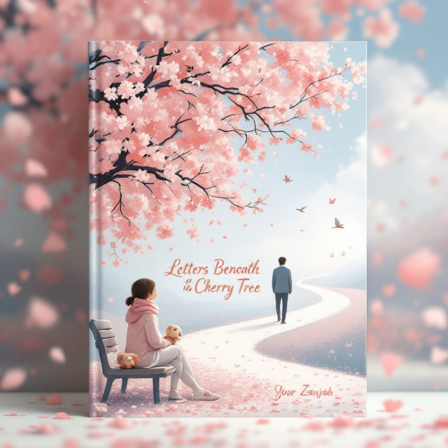A dreamy illustration captures a scene beneath a cherry blossom tree, with petals drifting gently through the air. A young girl sits serenely under the tree, her soft pink scarf fluttering around her shoulders. Beside her rests a tiny teddy bear and a folded letter on the bench. In the backdrop, a gentle powder blue sky peeks through the branches. Across the winding petal-laden path, a distant silhouette of a man is shown walking slowly, arm extending toward her, creating a sense of sacred love, longing, and hope. Two birds are seen far apart in the sky, echoing the theme of distant connection.