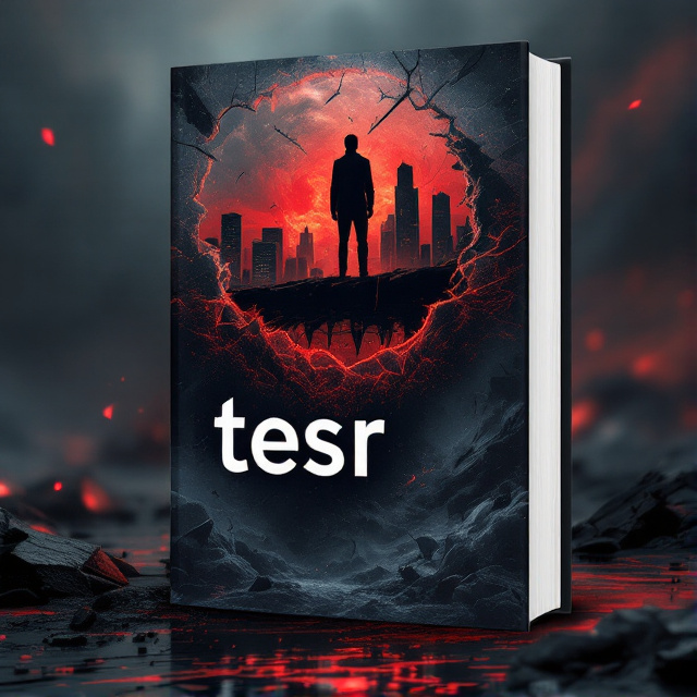 A broken city skyline, partially submerged in swirling dark waters, under a crimson-tinted, fractured sky. A solitary figure in silhouette stands at the edge of a shattered bridge, overlooking the chaos. Sharp, geometric shards hover in the background, creating a fragmented, unsettling visual.