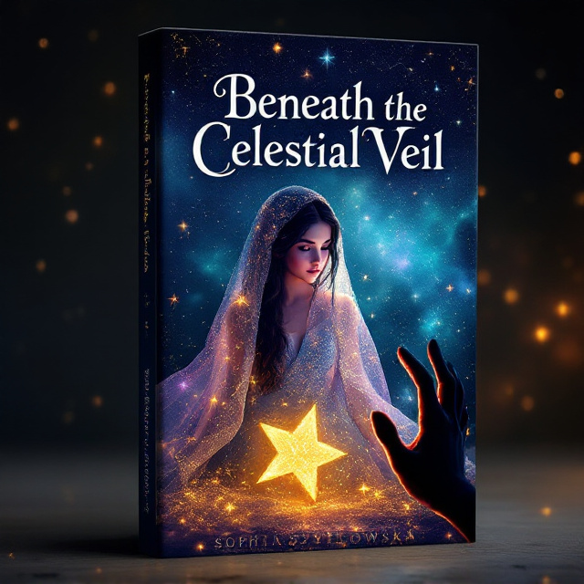 The cover features a mesmerizing scene with a beautiful girl at the center, her delicate form wrapped in a celestial veil sparkling with star-like motifs. The backdrop is a vast, galactic expanse with vibrant constellations and stars that seem to pulse with enchanting energy. A singular, radiant fallen star glimmers near her feet, casting an ethereal glow. In the bottom right corner, subtly cast in shadow, a dark hand reaches out as if to touch the girl, adding an element of suspense.