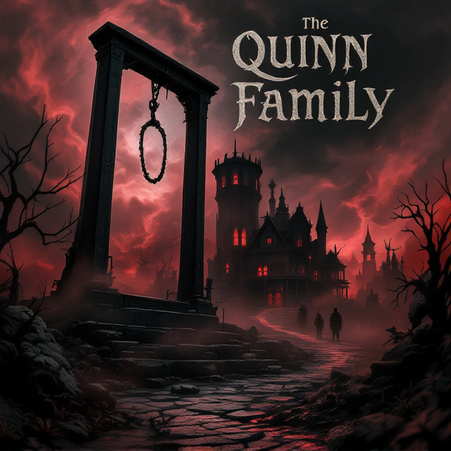 A dark and ominous cover featuring a looming guillotine on the left side, casting a long shadow across the foreground. The time machine, depicted as a Victorian-era contraption with gears and cogs, sits in the background, partially obscured by a swirling mist. Silhouettes of a cowboy town and the eerie Quinn mansion are faintly visible in the distance, under a blood-red sky. A subtle image of a hunchbacked butler and a spectral family emerging from the shadows adds to the atmosphere of mystery and horror.