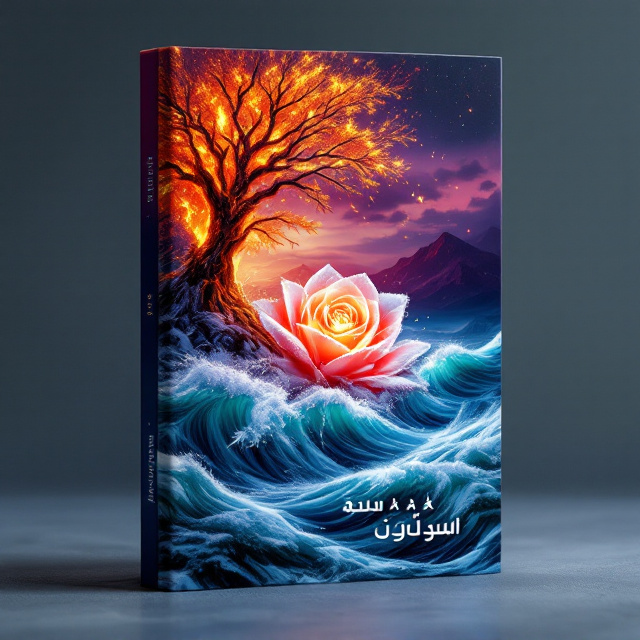 A striking image of a massive fiery tree with glowing embers taking one side of the cover, set against contrasting icy branches. Opposite, a shimmering rose made of snow and ice takes center stage with frosty details surrounded by a turbulent sea with crashing waves in hues of sea green. The background transitions from a violet dusk to a crimson glowing horizon that blends into deep purple tones.