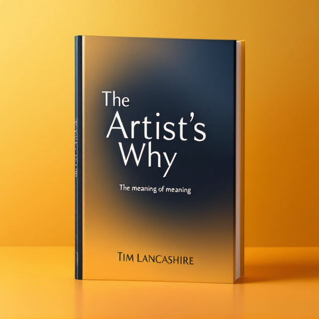 A bold, minimalist typographic design with the title "The Artist’s Why" standing out prominently in the center, paired with the subtitle "The meaning of meaning" stacked directly beneath in a smaller size. Contrasting font weights (bold for the main title, light for the subtitle) create visual distinction. The background is a vibrant gradient of soft gold fading into a deep, elegant navy blue. The author’s name, "Tim Lancashire," is placed at the bottom in a refined sans-serif font, aligned with the width of the title.