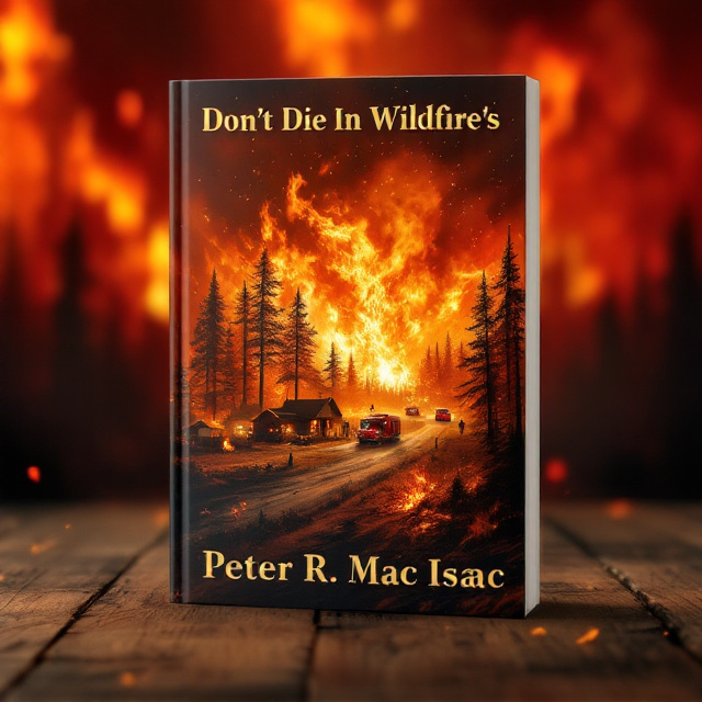 A dramatic depiction of a wildfire consuming a rural setting, with a focus on a fiery inferno engulfing large spruce, cedar, and pine trees. The scene includes homes, vehicles, and outbuildings in flames, while fire trucks and firefighters battle the blaze amidst strong winds and a shower of embers. The background is saturated with shades of red and orange to accentuate the ferocity of the fire.