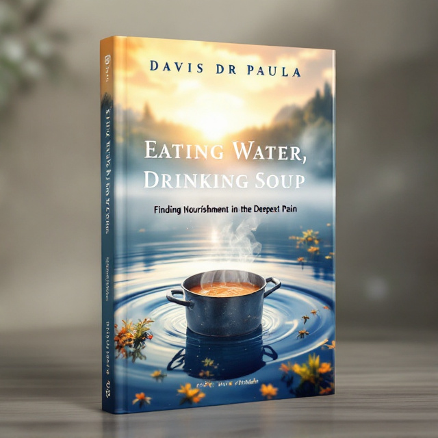 A serene, ethereal landscape featuring a tranquil lake reflecting a bright, transformative sunrise. A gentle ripple disturbs the water, symbolizing change. Nearby, a pot of soup emits steam, blending seamlessly with the morning mist, representing comfort and nourishment. The scene conveys a sense of peace and resilience amidst adversity.