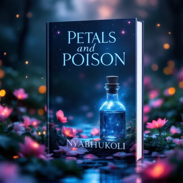 A mystical garden scene at twilight, with ethereal glowing flower petals scattered in the foreground. A subtle mist envelops the garden, suggesting a sense of mystery. In the center, a delicate glass vial containing a shimmering liquid is positioned, hinting at the element of poison. The sky is adorned with stars that softly twinkle, contributing to the fantasy theme.