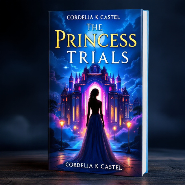 The cover features a striking image of a futuristic palace in the background, with vibrant neon lights illuminating its structure. In the foreground, a silhouette of a young woman wearing a regal gown, poised in a moment of decision, stands prominently at the center. She gazes toward the palace with a determined yet excited expression. The sky features dramatic clouds and a shimmering moon, adding to the dystopian ambience.