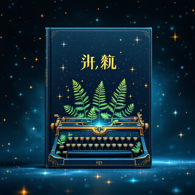 The cover showcases a deep navy blue background with an ethereal starry nebula pattern, creating a backdrop of endless possibilities. A vintage typewriter, illustrated with metallic line art, sits centrally on the cover. From the platen, delicate and vivid fern leaves emerge in a striking fluorescent green ink, symbolizing growth and creativity amidst mechanical rigidity. The overall imagery captures the delicate balance between the cerebral and the emotive aspects of writing.