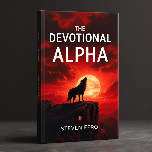A powerful silhouette of a lone wolf standing on a rugged, rocky cliff at sunrise, bathed in a dramatic red and orange glow. The sky behind shows deep, swirling clouds, adding a touch of mystery and spirituality. The wolf's posture exudes strength and alertness, symbolizing an alpha sense of purpose and challenge. Below the wolf, subtle, ancient symbols are etched into the rock, conveying depth and wisdom.