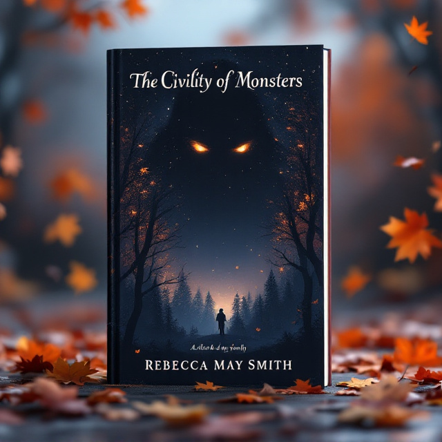 A silhouette of a towering, gentle giant with enchanting, softly-glowing eyes set against a twilight backdrop. The atmosphere is mystical with subtle hints of starlight and floating autumn leaves, forming an intricate and atmospheric frame around the giant. A shadowy forest lines the bottom of the cover, adding depth and mystery.