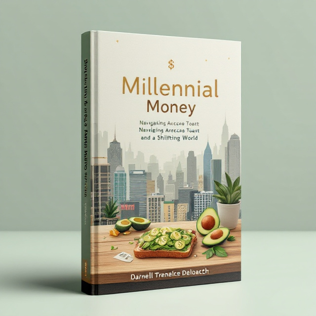 A minimalist, contemporary design featuring a clear and realistic illustration of an avocado toast sitting on a wooden table with currency symbols (dollar signs, euro signs, yen signs) subtly blended into the background. The table fades into a dynamic city skyline on the top half, showcasing both modern apartment buildings and towering corporate offices to reflect millennial lifestyle aspirations and financial challenges. The color palette is a mix of warm greens, toast browns, and shades of grey with subtle hints of metallic gold for sophistication.