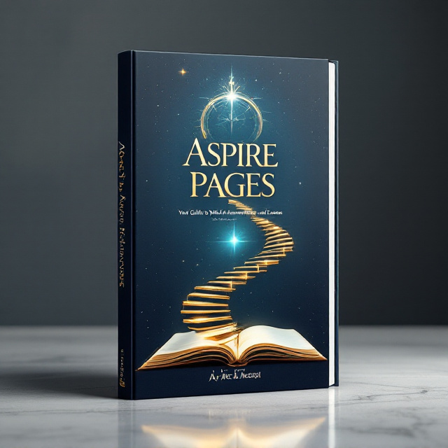 A minimalistic yet sophisticated design with an upward spiraling staircase made of golden lines leading to a radiant light source at the top. A subtle shining compass is placed at the top center, symbolically guiding the reader's journey. An open journal with golden accents is subtly integrated into the background, creating a layered effect. The background color is a deep navy blue, providing a rich contrast to the gold elements.