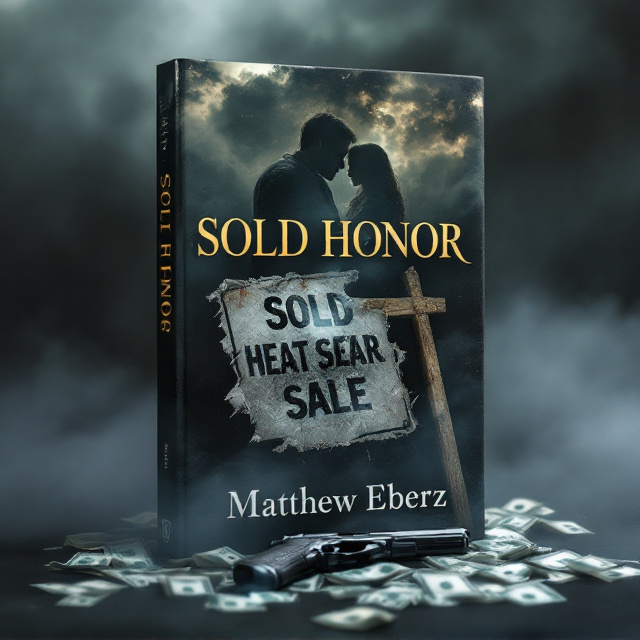 The cover features a smoky, cloudy backdrop. In the foreground, the image of a large, torn real estate sale sign is partially obscured in shadow. Lying around it are scattered stacks of cash, with the barrel of a handgun visible just peeking out from beneath. In the soft-focus background, a poignant silhouette of a father embracing his daughter is subtly visible, adding a layer of emotional depth and mystery. The scene is filled with tension and intrigue, encapsulating the theme of honor intertwined with suspense.