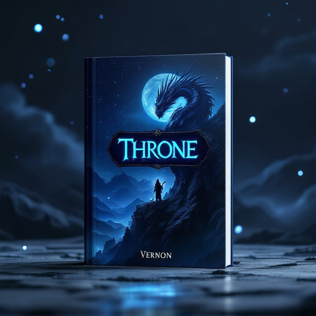 A mystical, foggy scene featuring a large, imposing dragon perched on a jagged cliff at night. The dragon has glowing blue scales that reflect the moonlight, creating an eerie yet captivating effect. The dragon's master stands nearby in a hooded cloak, holding a staff that emits a faint blue glow. The background includes a starry sky transitioning into dark clouds, adding to the mysterious atmosphere, while hints of shadowed mountains linger in the distance.