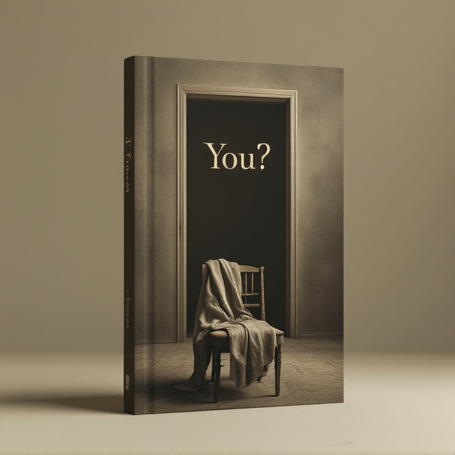 A dimly lit, narrow open doorway is centered in the background, leading to a dim room. In the foreground, a single chair holds a scarf draped over its back—conveying an ethereal sense of absence and haunting stillness. The muted textures envelop the scene in soft sepia and dusty beige tones, with subtle distortions and negative space creating an ambiguous atmosphere.