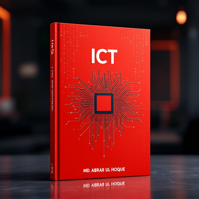 A bold and minimalist design featuring a central stylized illustration of a circuit board, subtly integrated with digital binary code patterns as a backdrop. This design evokes the essence of Information and Communication Technology. The bright red background is vibrant, creating a strong visual impact and symbolizing energy and sophistication. The author's name is placed at the bottom in a smaller, yet noticeable size, creating a balanced look.