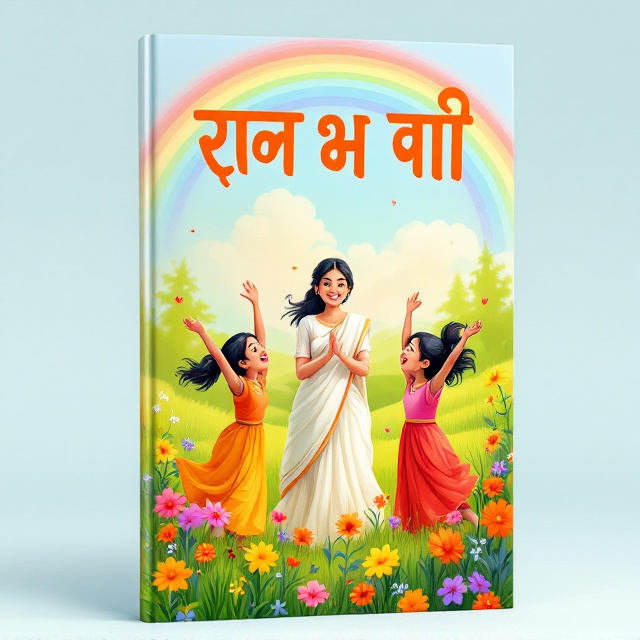 A colorful illustration of two Indian young girls playing joyfully on a grassy field, their arms raised in the air, surrounded by an array of vibrant flowers. In the center, an Indian woman school teacher in a traditional white saree is depicted clapping and smiling warmly. The background features a gently arching rainbow stretching across the sky, set against a backdrop of a vivid green field with more colorful flowers sprinkled throughout, enhancing the cheerful atmosphere.
