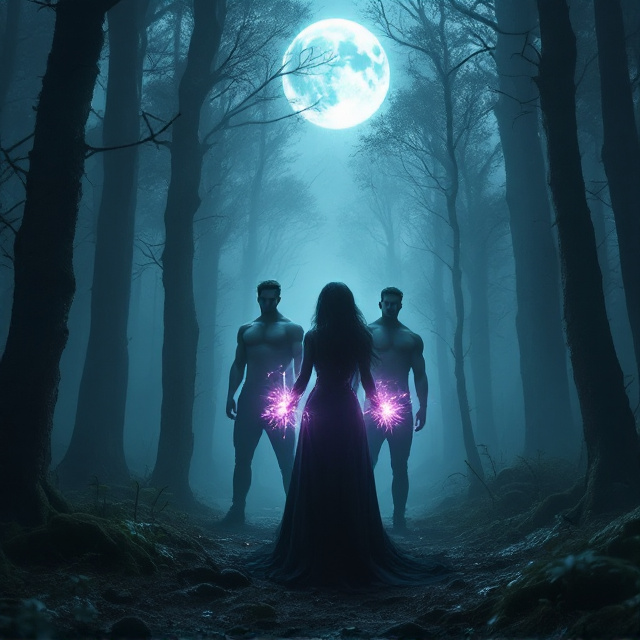 A mystical forest scene with fog enveloping tall, ancient trees; Sia stands confidently in the foreground, exuding power with magical energy emanating from her hands. Behind her, two identical muscular and imposing male figures stand, slightly shadowed, representing the Twin Alphas. Above them, hovering in the background is a full moon, casting an eerie glow on the trio, suggesting supernatural elements and a hint of tension.