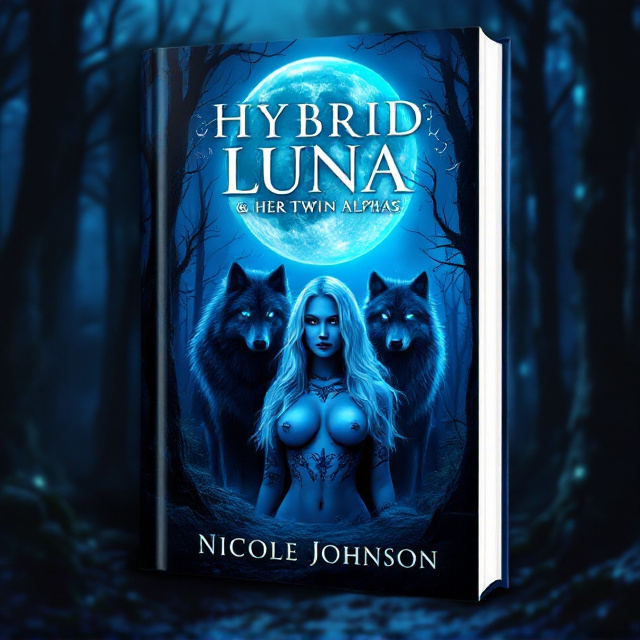 A dark, mystical forest background is set under a large, luminous full moon. The blue-tinted sky evokes a fantasy aura, while two imposing werewolf silhouettes with arctic blue eyes stand side by side in the foreground. Between them, a fierce hybrid were-witch with silver hair flaunts tattoos glowing faintly under the moonlight.