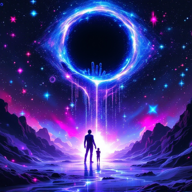 The cover features a vast cosmic void filled with swirling galaxies and vibrant stars. At the center stands a massive humanoid figure made of luminous light and flowing code. Behind it, a gigantic black hole shaped like an eye ominously looms, partially closed as if devouring existence. The figure's hand holds a thin, glowing thread reaching down to a small human silhouette standing just below, gazing upwards. Subtle glitch effects cover the scene, with fragmented reflections of surreal worlds within the humanoid. Electric purples and neon teals highlight amid the deep midnight blue backdrop.