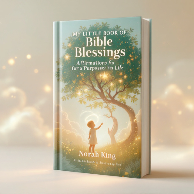An illustration of a young child with a glowing halo, standing under a bountiful tree laden with shimmering gold and emerald green leaves. A subtle outline of God-like hands gently guiding the child. The background is a soft, pastel sky with gentle, swirling clouds that convey an ethereal, divine presence. The book title appears at the top, radiating with rose gold highlights, while the author's name is elegantly placed at the bottom.