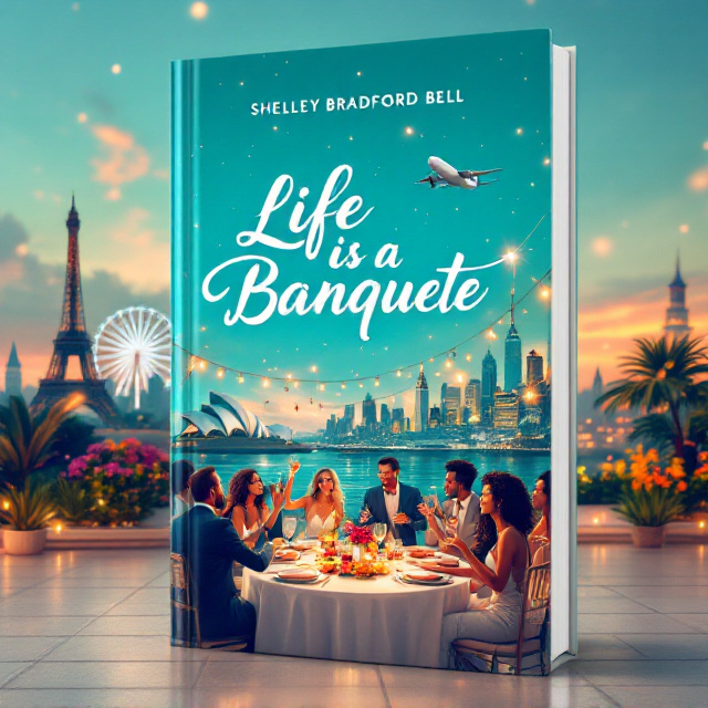 A vibrant illustration depicting a lively scene with people from diverse backgrounds joyfully engaging in a glamorous rooftop party. The backdrop features iconic global landmarks like the Eiffel Tower and Sydney Opera House, subtly blended into the skyline. In the foreground, a luxurious dinner setup with twinkling fairy lights, a spinning Ferris wheel in the distance, and a sleek jet plane flying above. The primary color turquoise washes over the scene, adding a sense of freshness and adventure.
