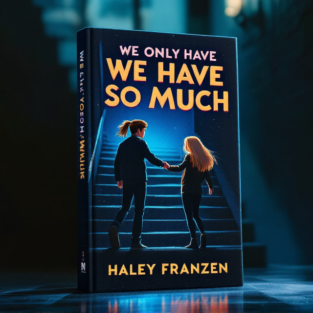 A vibrant illustration capturing a dimly-lit stairwell with sharp, bold lines that emphasize contrast. The scene is dynamic and filled with a sense of movement as the boy, with his long brown hair in a ponytail, stands on a step reaching out to the girl. The girl, with striking blonde hair, stands beside him with an adventurous stance. The background fades into deeper shadows at the edges, emphasizing the central characters and their forward-looking posture.