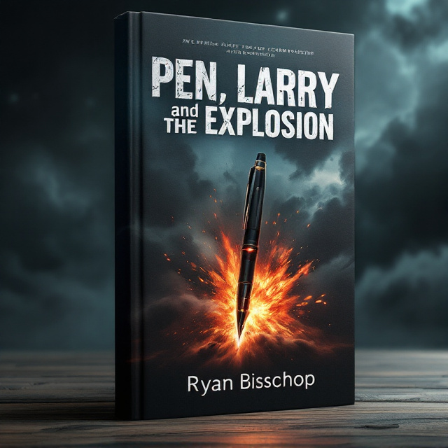 The cover features a dark, stormy sky as the backdrop, with a dramatic explosion unfolding in the lower right corner. The explosion's fiery colors contrast sharply against the ominous clouds. Emerging from the explosion is an oversized, sinister-looking pen with a glossy, metallic texture. Above the explosion, towards the left, is a shadowy figure of Larry with glowing red eyes, exuding a menacing aura. The overall tone is dark, intense, and captivating.