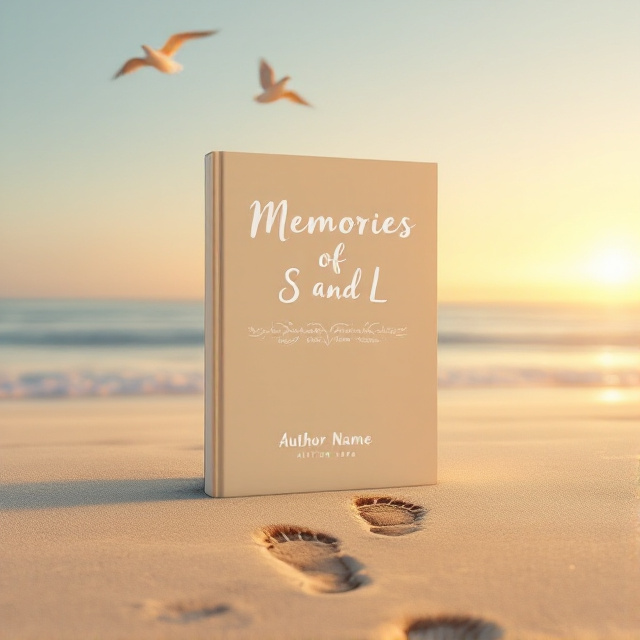 A serene beach setting is depicted, with two pairs of old footprints leading towards the horizon. At the center, two silhouettes of birds flying above. The sky is in shades of light blue, fading into a warm glow at the horizon, evoking nostalgia.