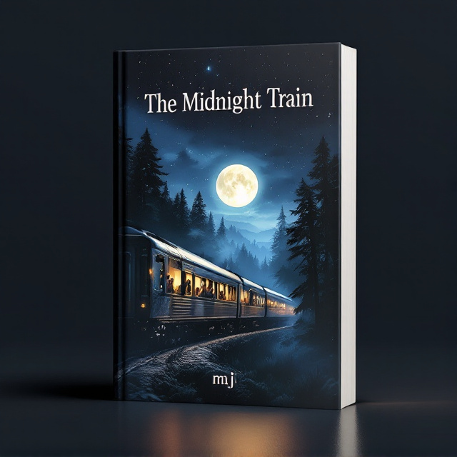 A striking image of a train cutting through a dense forest at night, with moonlight casting dramatic shadows and highlighting its metallic surface. Silhouettes of adventurous passengers can be seen peering out from the train's windows, suggesting a journey filled with mystery and excitement. The dark sky is speckled with stars, adding depth and a sense of wonder.