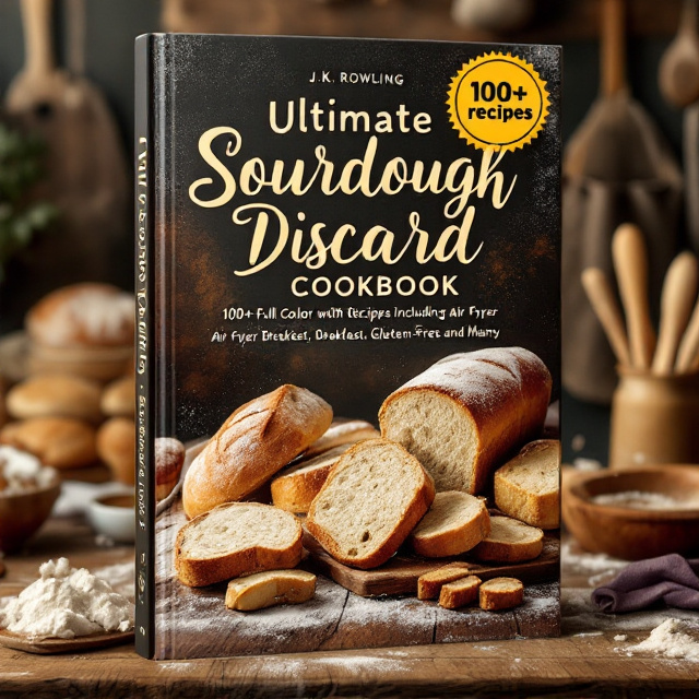 The cover features a warm, rustic kitchen scene with freshly baked sourdough loaves and slices scattered across a wooden table. In the background, a soft focus shows flour-dusted rolling pins and aprons hanging on a hook. A badge with "100+ recipes" is prominently placed in the upper right corner.