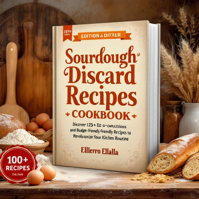 Fresh sourdough loaves and rustic wooden cutting boards are centered on a cozy kitchen counter. Surrounding them are simple baking elements like jars of flour, eggs, wheat stalks, and rolling dough, all bathed in warm brown and orange tones. The background highlights a homely kitchen ambiance.