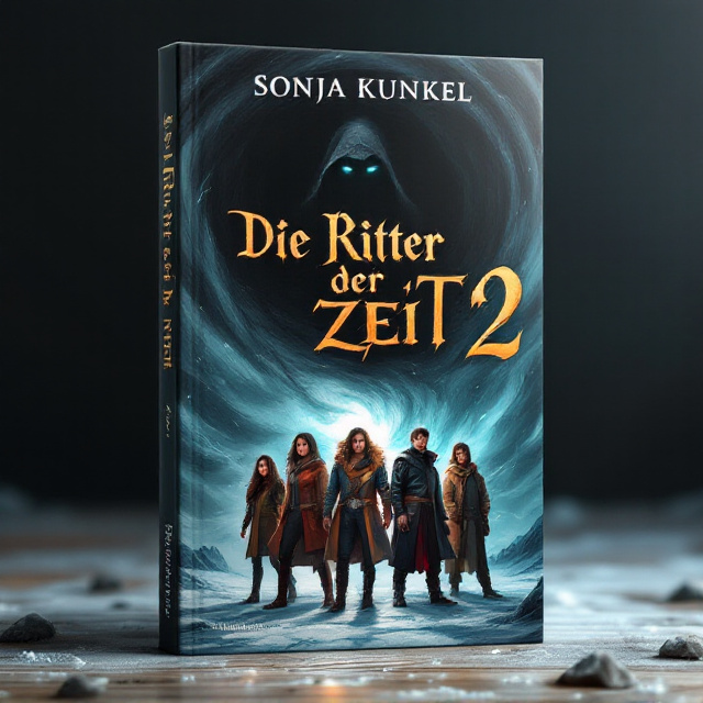 A bold illustration capturing five friends standing with a sense of determination in the foreground, each with unique attire to represent their fantasy roles. Behind them looms a menacing black whirlwind, within which a silhouette clad in a menacing hood emerges, its eyes glinting an eerie blue. The background gradually morphs into an icy landscape, enhancing the sense of impending adventure and danger.