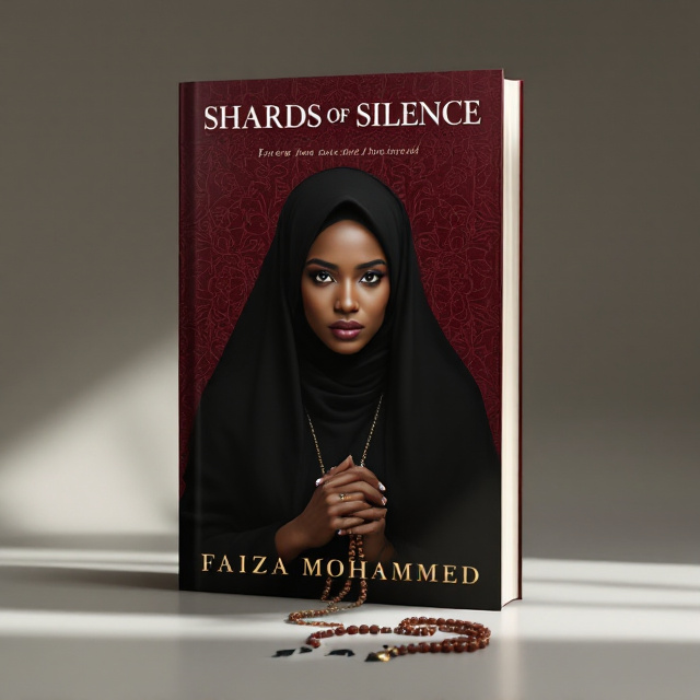 An Arewa woman stands alone at the center, wearing a black abaya with a simple hijab. Her expression is calm, almost haunted, with eyes meeting or slightly averting the reader's gaze. A deep maroon background, softly embedded with subtle Hausa patterns, envelops her. Light gently catches part of her face and dress, leaving a slight shadow behind her. Her hand is clenched around a prayer bead with a broken necklace beside her on the ground, symbolizing betrayal.