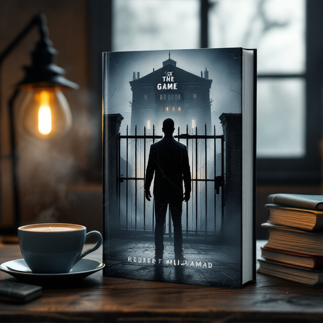 A shadowy black silhouette of a man standing imposingly in front of a prison gate, with the distant prison structure shrouded in fog. Surrounding the figure is a muted color palette of blues and grays, suggesting tension and melancholy. The prison appears looming and slightly off-kilter to evoke a sense of unease, while small glimmers of warm orange light peek from the windows.