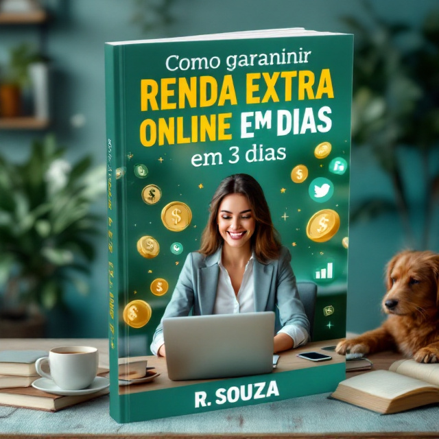 A bright, lively cover showcasing a photorealistic image of a young woman with a confident smile, dressed in smart-casual attire. She is seated in her home office, working on a laptop with a smartphone nearby. Digital elements like floating money symbols and social media logos are artistically integrated around her, conveying an active online environment. A cozy setting is emphasized with a dog lounging beside her, a coffee mug and an open notebook on the desk, bringing warmth and relatability. Bold, pleasant colors like greens, blues, and golds dominate the background and enhance the theme of prosperity and creativity.