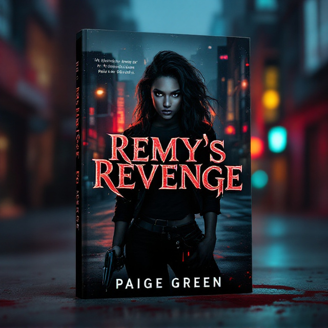 A fierce-looking Black woman stands in the center of a dimly lit urban street. Her face is shadowed but illuminated by faint neon lights from the city behind her. Her expression conveys unmistakable anger and vengeance. She grips a sleek handgun in one hand, her pose confident and powerful. Blood splatters on the pavement around her feet as dark sedans with tinted windows line the street beside her. The buildings towering around her have broken windows and graffiti, reinforcing the dangerous atmosphere. A subtle red glow bathes the overall scene, merging with the glow of city lights.