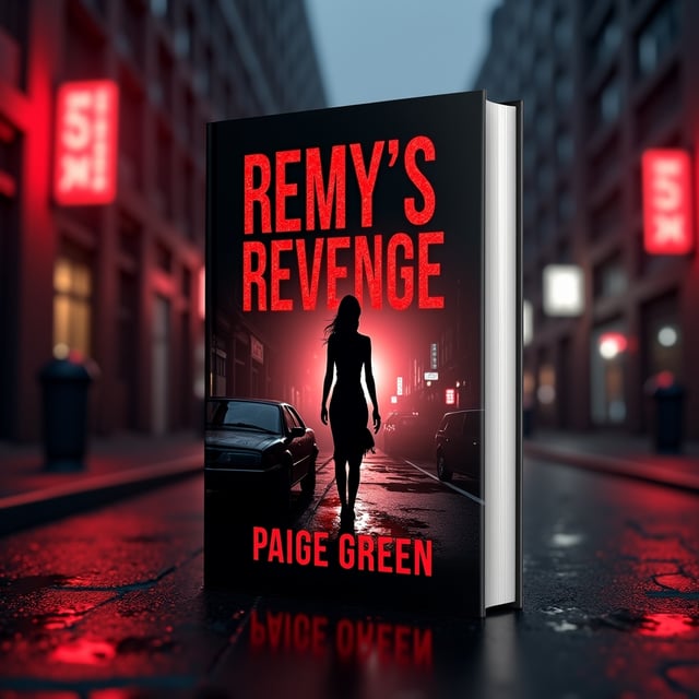 A dark, gritty urban cityscape at night serves as the backdrop, drenched in tones of gray and black, with subtle red highlights. The silhouette of a tall, commanding African-American woman stands in the foreground, facing away from the viewer. Her profile is illuminated by a crimson neon light from the city, emphasizing her strength and sorrow. One hand grips a sleek black handgun tightly, while the other hangs at her side, reaching towards a car parked to her right. Blood splatters across the ground near her feet, blending into the red lighting. The overall look is bold and cinematic, with shadows and textures giving depth.