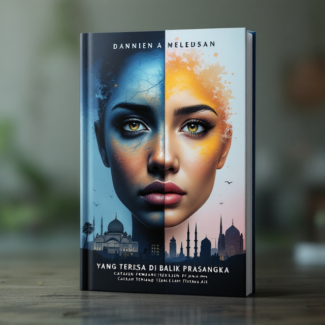 A vertically split face of a human with one half showing a melancholic expression with dark, cool blues, grays, and splashes of deep purple, while the other half reflects hope with subtle warm colors like yellow, orange and soft pink. The blurred background features iconic silhouettes of Indonesian buildings like a masjid, a church, a temple, and modern skyscrapers. The division between the facial halves is definitive yet artistically blended.