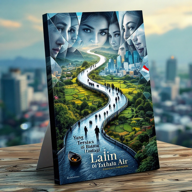 A fragmented mirror reflecting diverse faces is set against a landscape viewed from a "bird's eye" perspective. The journey begins with a small, dark traditional Chinese boat at the start of a long, winding road that cuts diagonally from the lower left to the upper right. This road traverses diverse terrains rural villages, rice fields, and small towns, culminating in the colorful, modern skyline of a bustling Indonesian city. Silhouettes of figures (men, women, and children) scatter along the road, growing more numerous as they near the city. The Indonesian red and white flag subtly waves near the road's end.