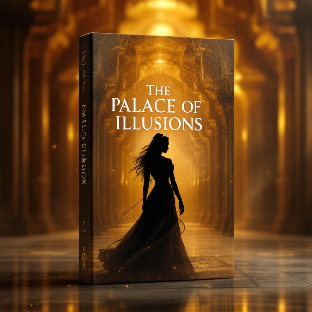 An elegant, mystical depiction of an ancient palace emerges in the background, bathed in warm golden hues suggesting luxury and intrigue. A silhouette of Draupadi stands boldly at the forefront, her stance exuding strength and grace. Overlaying the atmospheric scene is a translucent layer with a Sanskrit verse from the Geeta, floating across the top section, subtly integrated into the design to intrigue without overwhelming.
