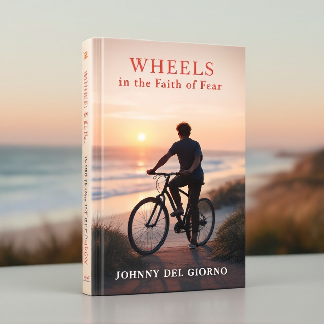 A silhouette of a 15-year-old male riding a bike along a tranquil path in the Hamptons. The background shows a serene beachfront with the sun setting in pastel hues, casting a golden glow on the scene. The boy, situated slightly off-center to the right, has a posture that implies a sense of freedom and new beginnings. Gentle waves break softly in the distance, adding dynamic movement to the overall tranquil setting.
