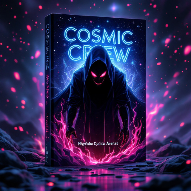 An anime-style illustration featuring The Nexus as the central figure. His pitch-black form dominates the cover, with red eyes glowing menacingly. Around him, cosmic elements like swirling stars and nebulae create an enchanted atmosphere. Neon blue and purple hues play off the deep black, accentuating his malevolent presence. In a background of chaotic cosmic energy, wisps of flames, depicted in neon reds, dance around him.