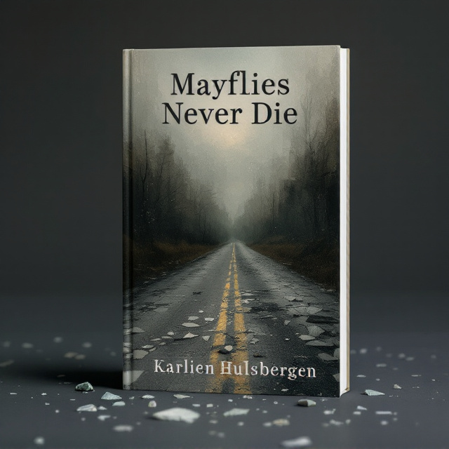 A subtle collage of muted tones featuring the aftermath of a car crash, depicted through abstract brush strokes and shadows to convey a sense of tragedy and introspection. The background is a faded image of a road, with fragmented pieces resembling broken glass scattered across the forefront, suggesting a shattered life and emotions.