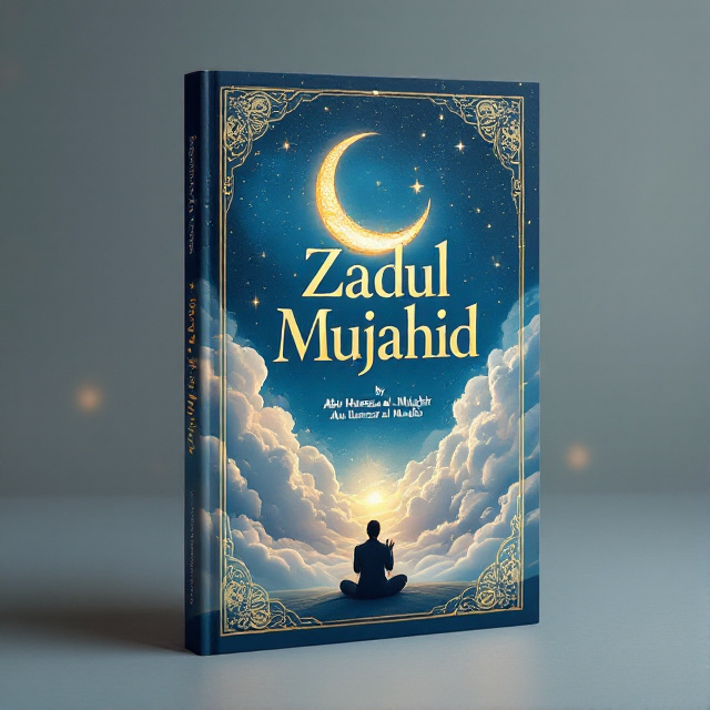 A serene, celestial sky with soft, swirling cloud patterns in blues and whites, elegantly interwoven with gold accents representing divine illumination. In the foreground, a silhouette of a person in prayer beneath a large crescent moon, symbolizing devotion and spirituality.