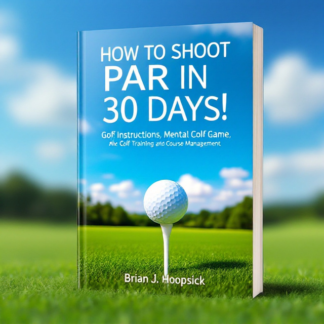 A dynamic cover featuring a point-of-view perspective from a golfer’s eyes, looking down at a golf ball positioned on a tee. In the background, you can see an open golf course stretching out beneath a clear blue sky. The golfer's hands slightly blurred to convey motion, with a golf club poised mid-swing, hinting at the action and focus required to achieve the book's promise.